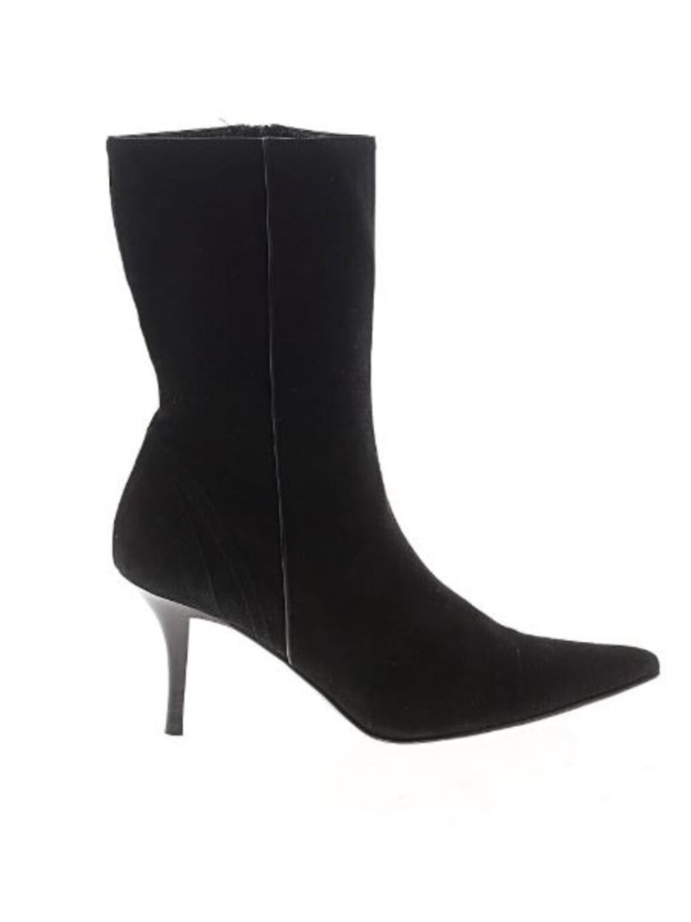 Vintage 90s Cole Haan Pointy Toe Suede Boots 7.5 Black Mid Calf Stiletto Witchy